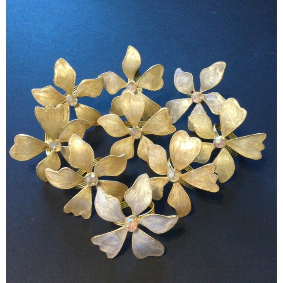 Set of 9 Gold Floral Napkin Rings Flower Jewel Beaded Fancy Table Decor Elegant - Picture 5 of 8